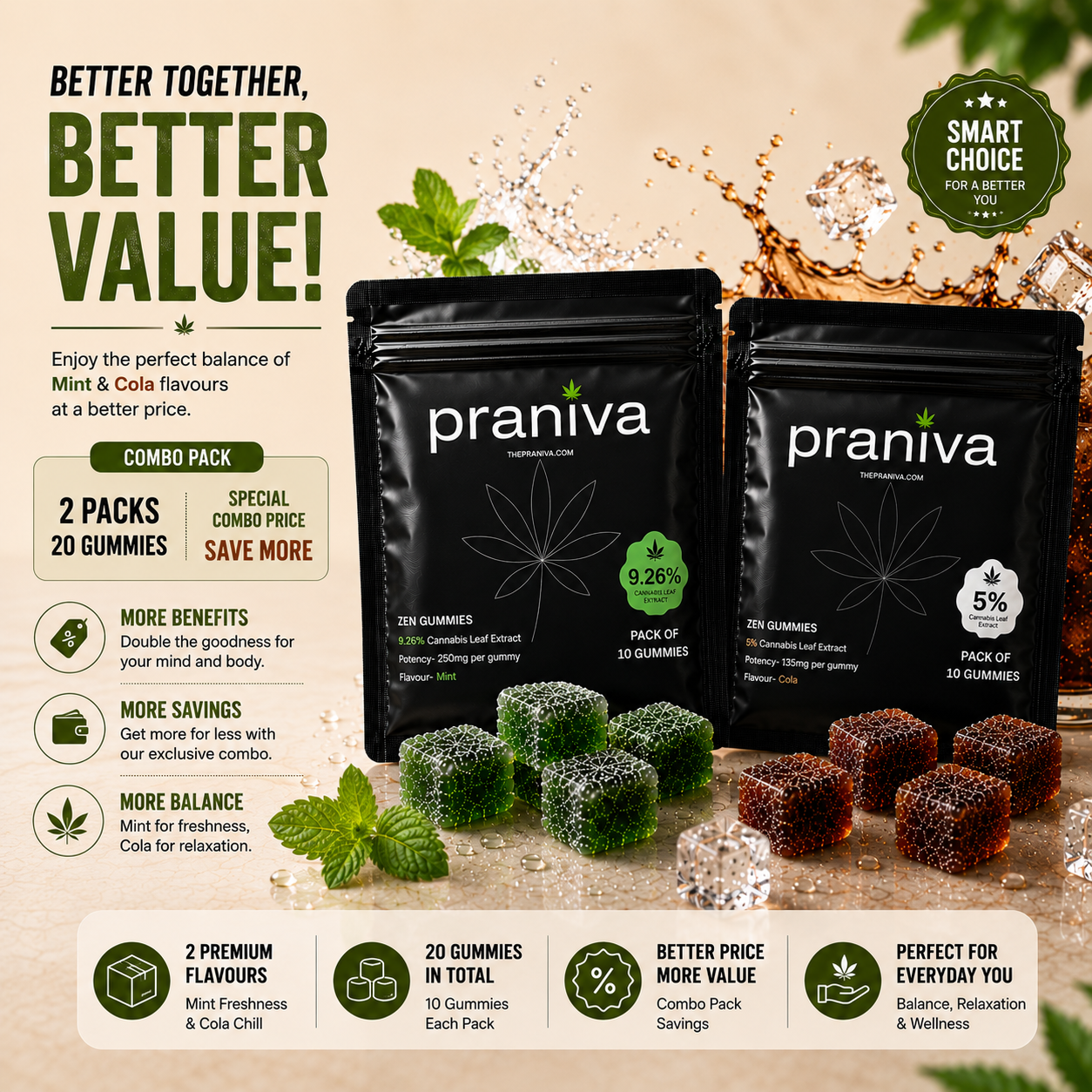 Zen Gummies Combo Pack Mint 9.26% + Cola 5% Cannabis Leaf Extract