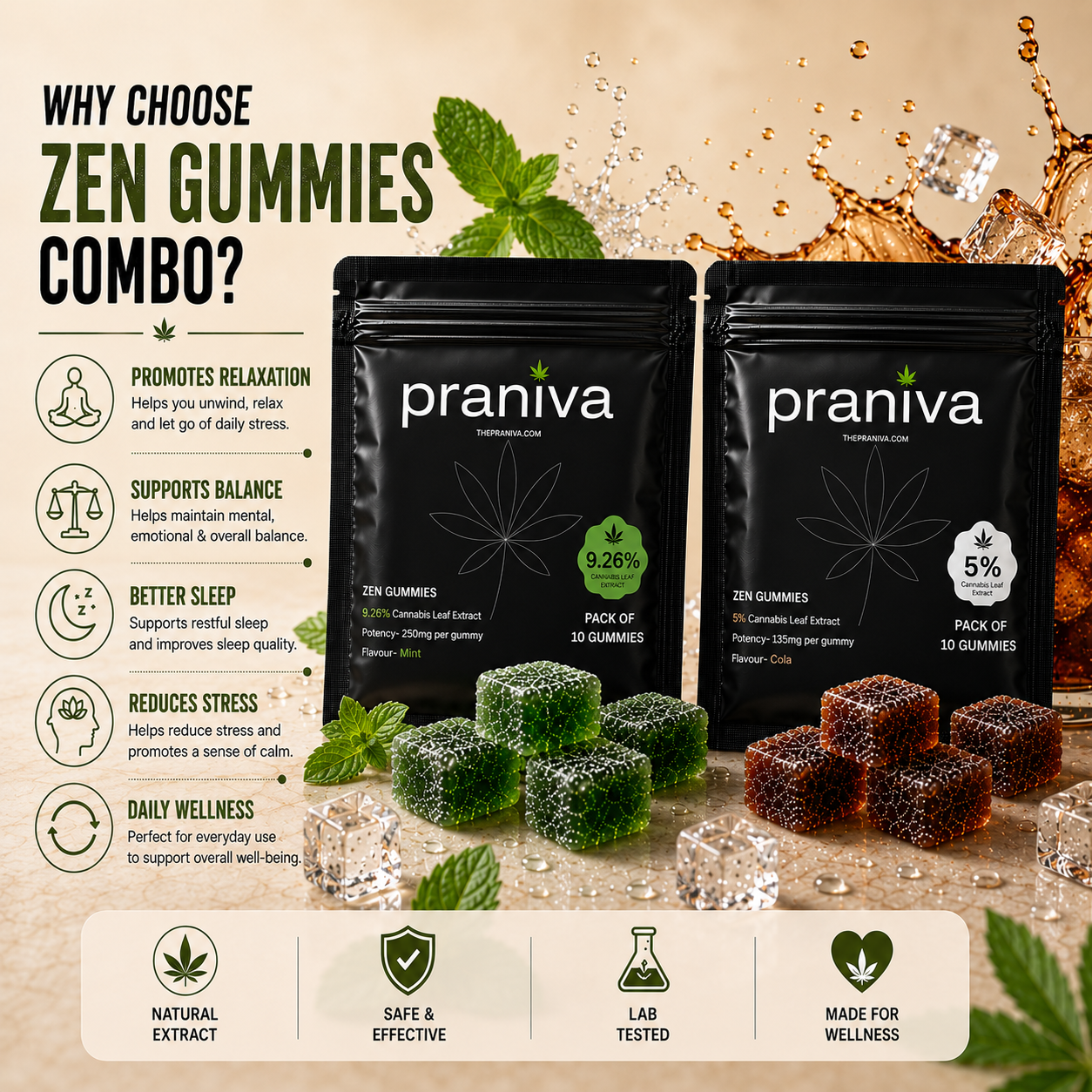 Zen Gummies Combo Pack Mint 9.26% + Cola 5% Cannabis Leaf Extract